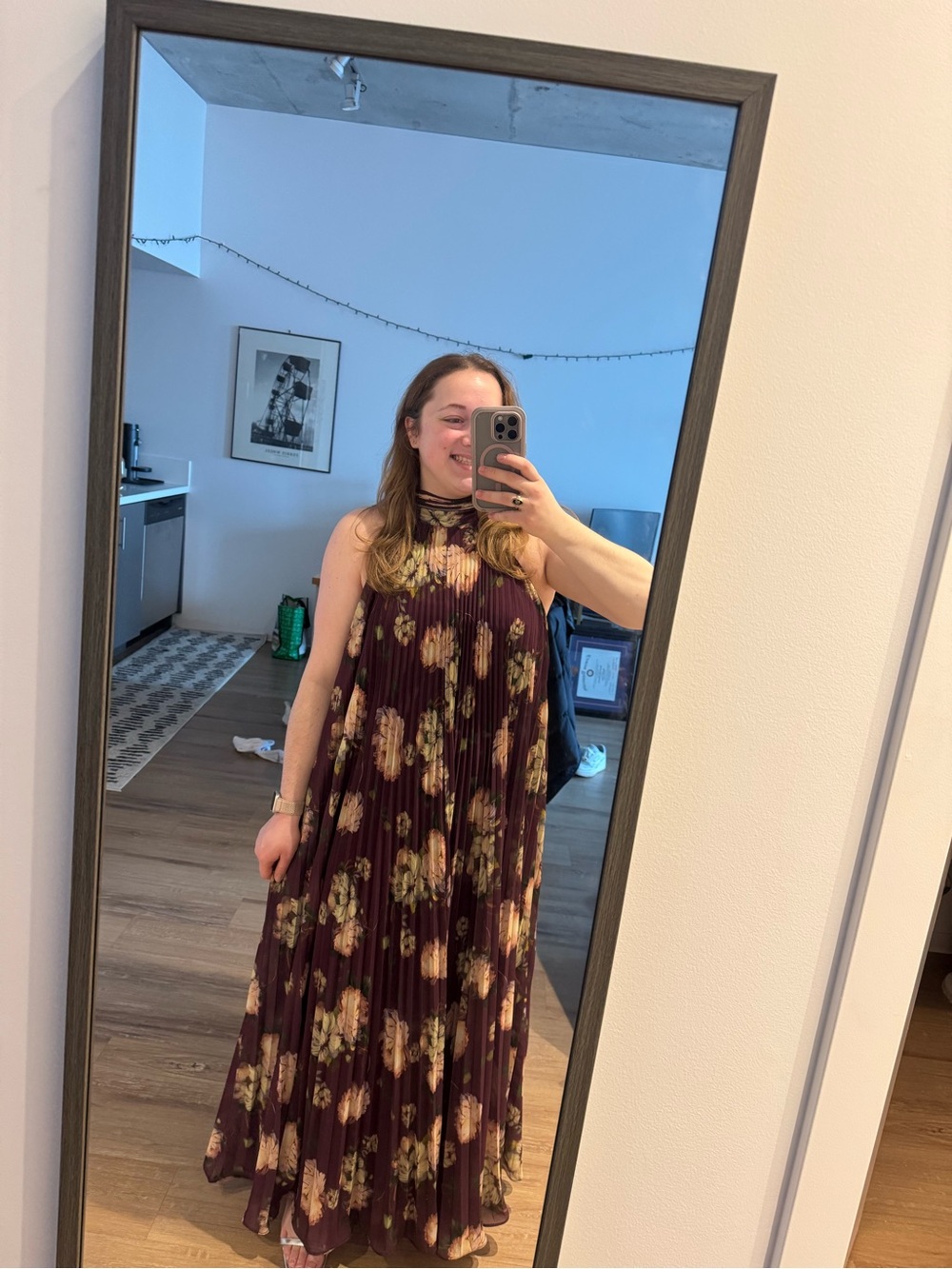 BHLDN Rosie High-Neck Pleated Chiffon Maxi Dress in Floral Burgundy
